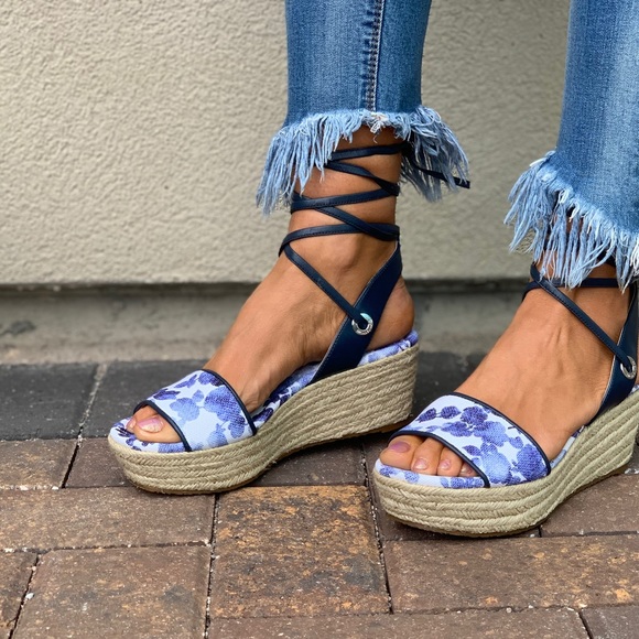 Blue White Floral LaceUp Espadrille Platform Wedge - Picture 3 of 8